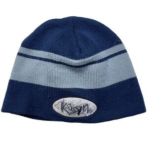 Vintage Korn Beanie Hat Skull Cap Toboggan Navy Blue Gray‎ Rock Metal Band Y2K